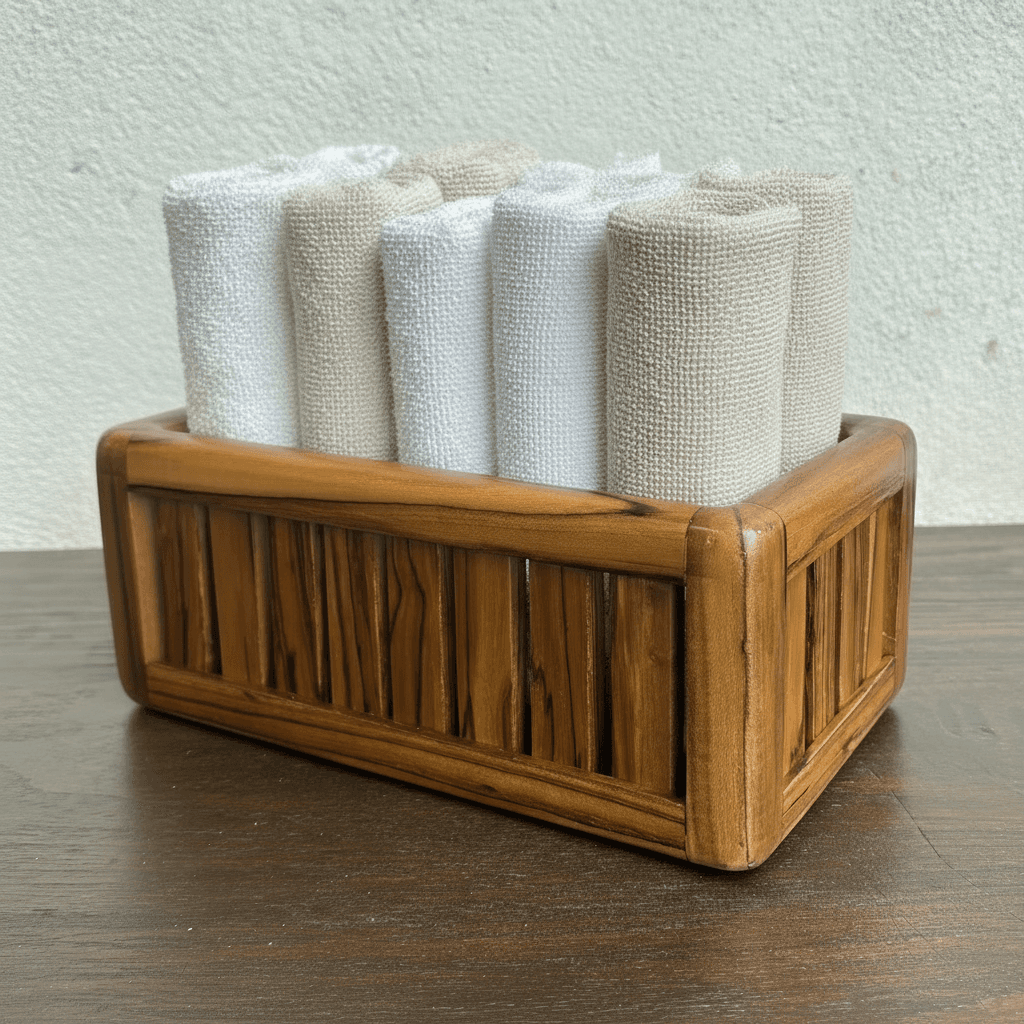 Teak wooden paper towel holder with natural finish for kitchen use