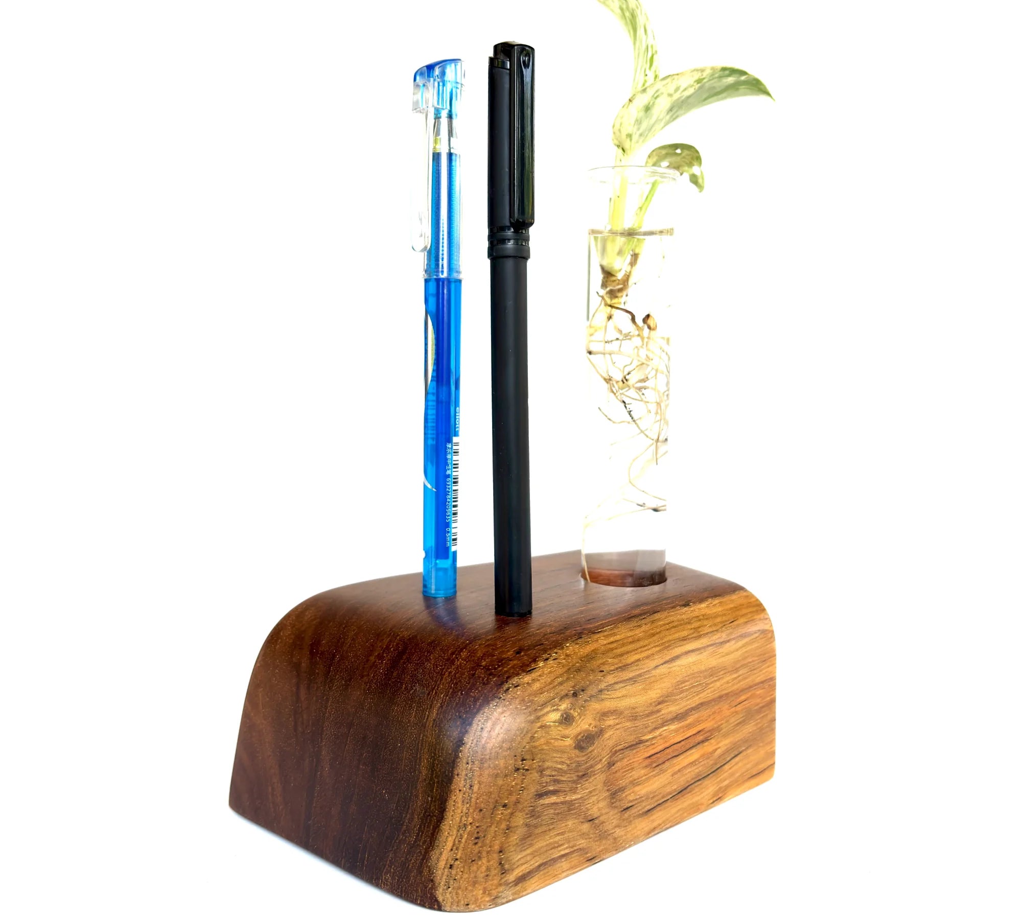 Wooden pen holder with space for pens and a small glass vase for plants