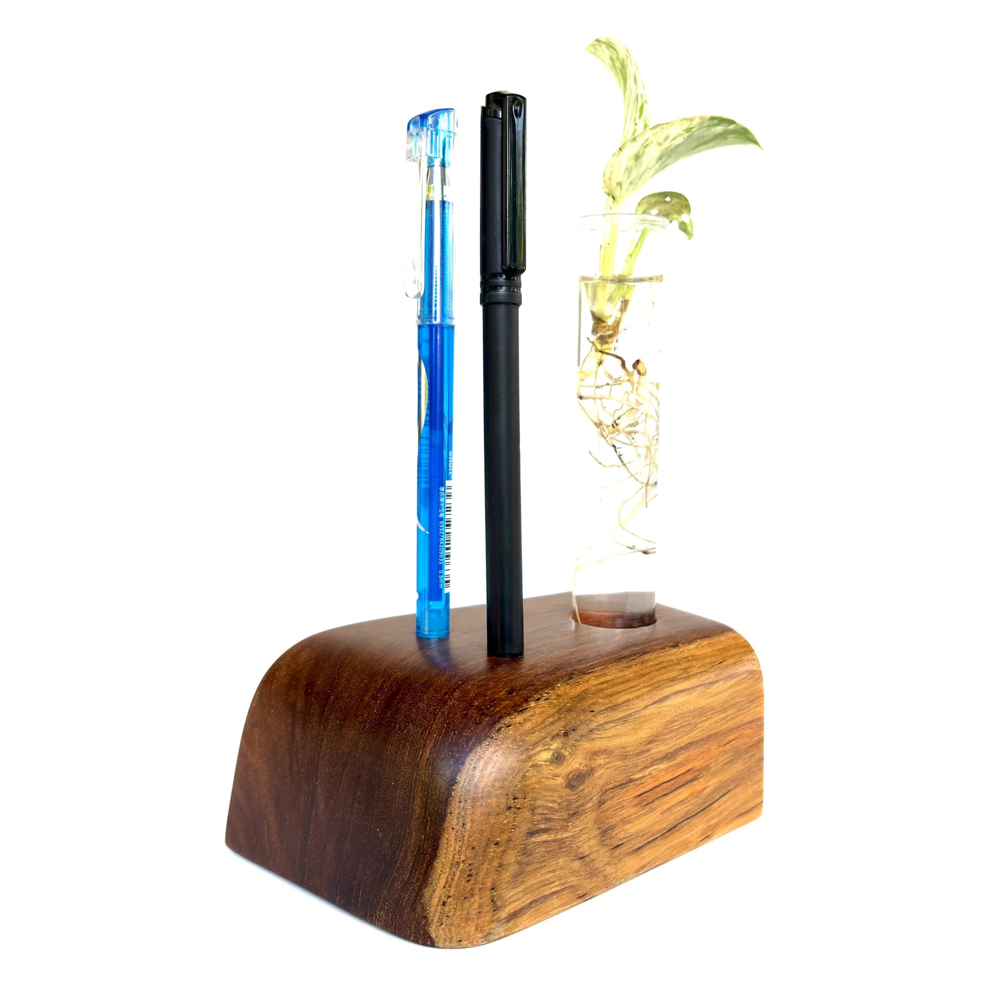 Wooden pen holder with space for pens and a small glass vase for plants