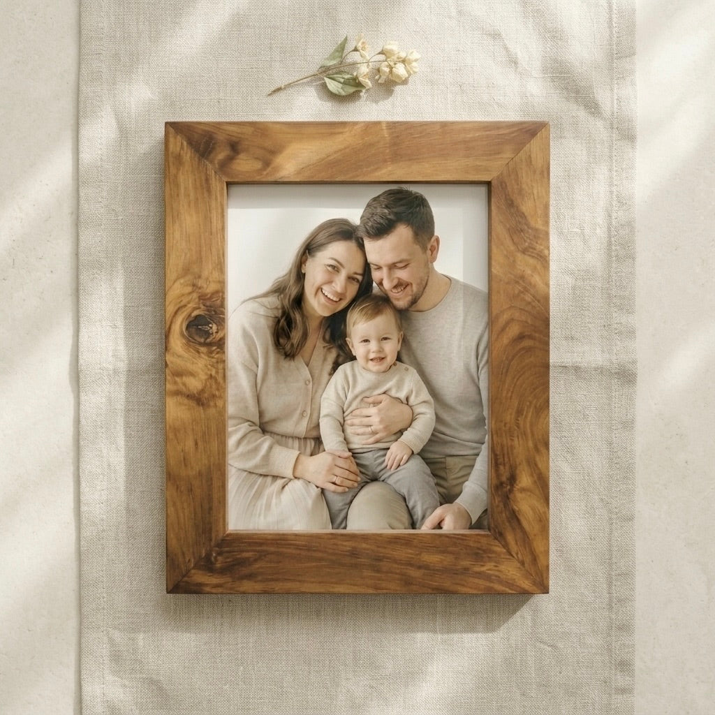 Wooden picture frame made from teak with a natural finish