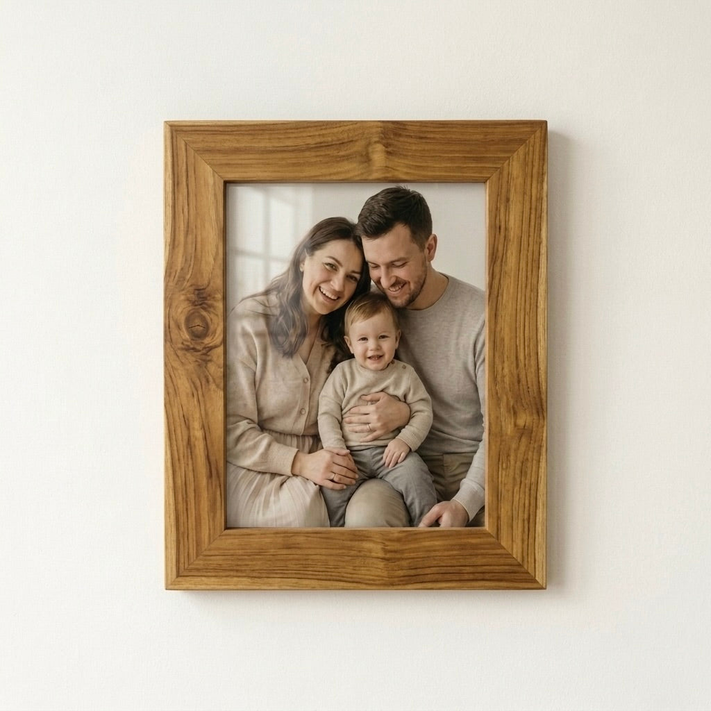 Wooden picture frame made of teak showcasing a family photo