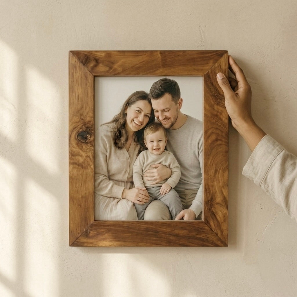 Wooden picture frame made of teak with natural finish, perfect for family photos