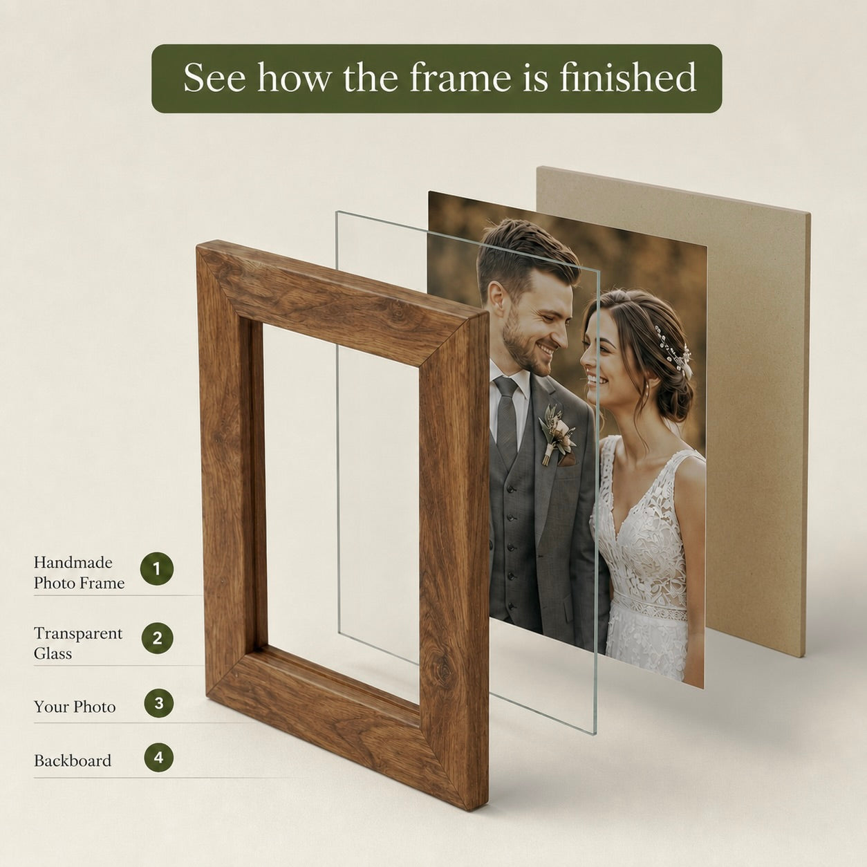 Handmade wooden picture frame in teak with transparent glass for displaying photos