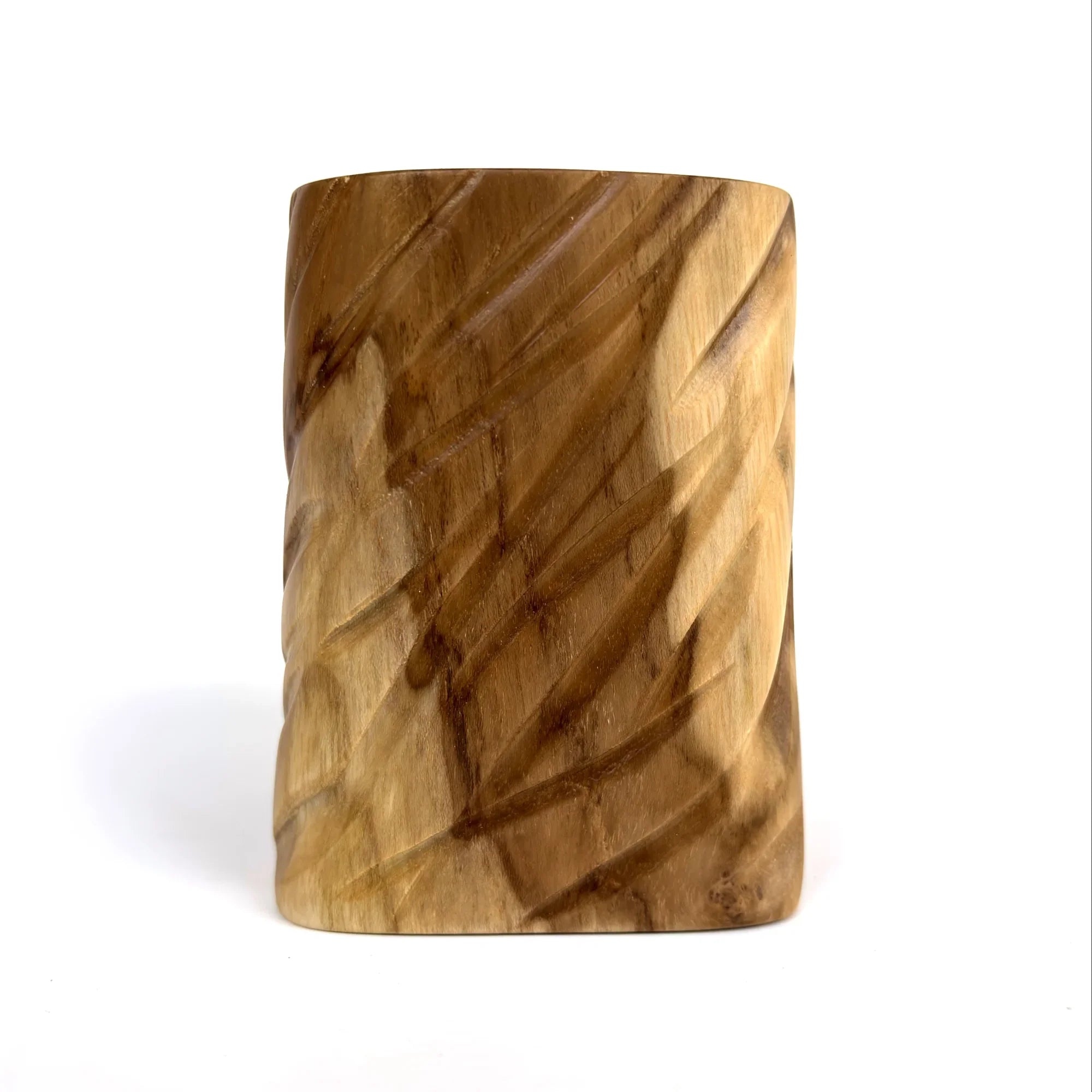 Handcrafted wooden plant pot for succulents with a unique carved design and natural finish