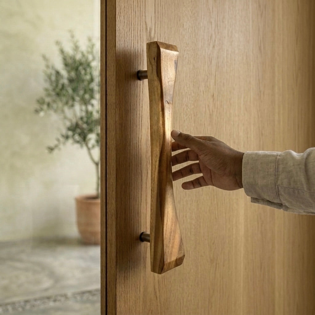 Teak sliding door pull handle with natural finish for stylish entryways