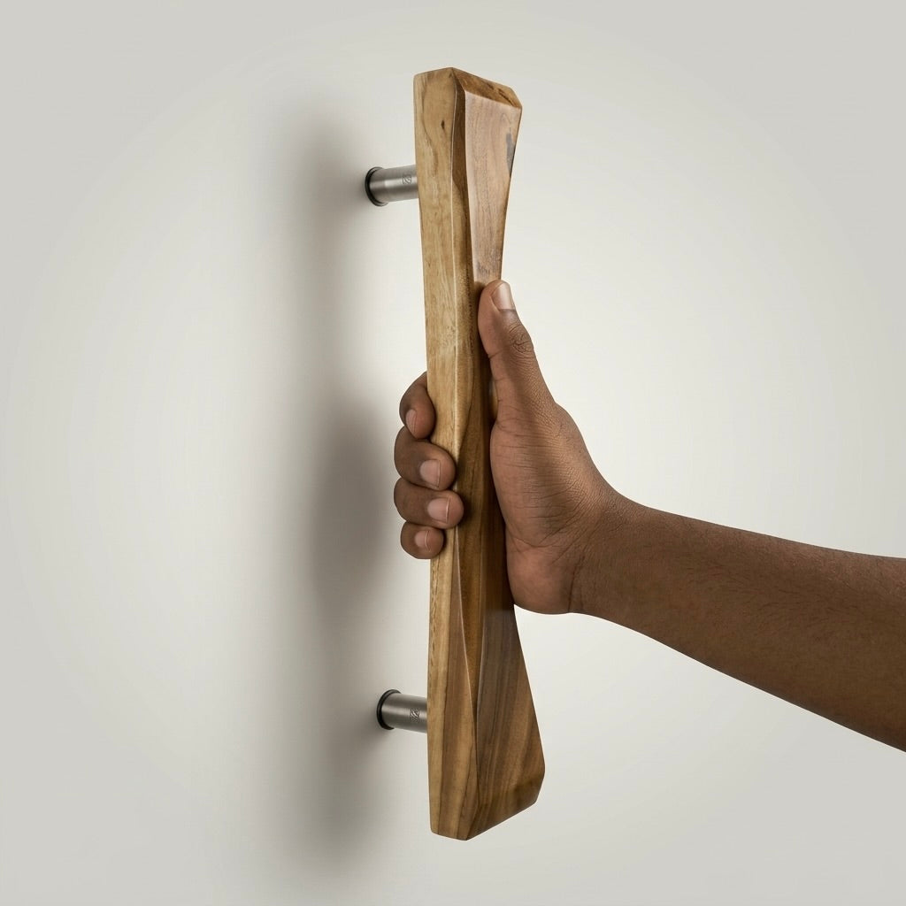 Teak sliding door pull handle in natural finish for easy grip