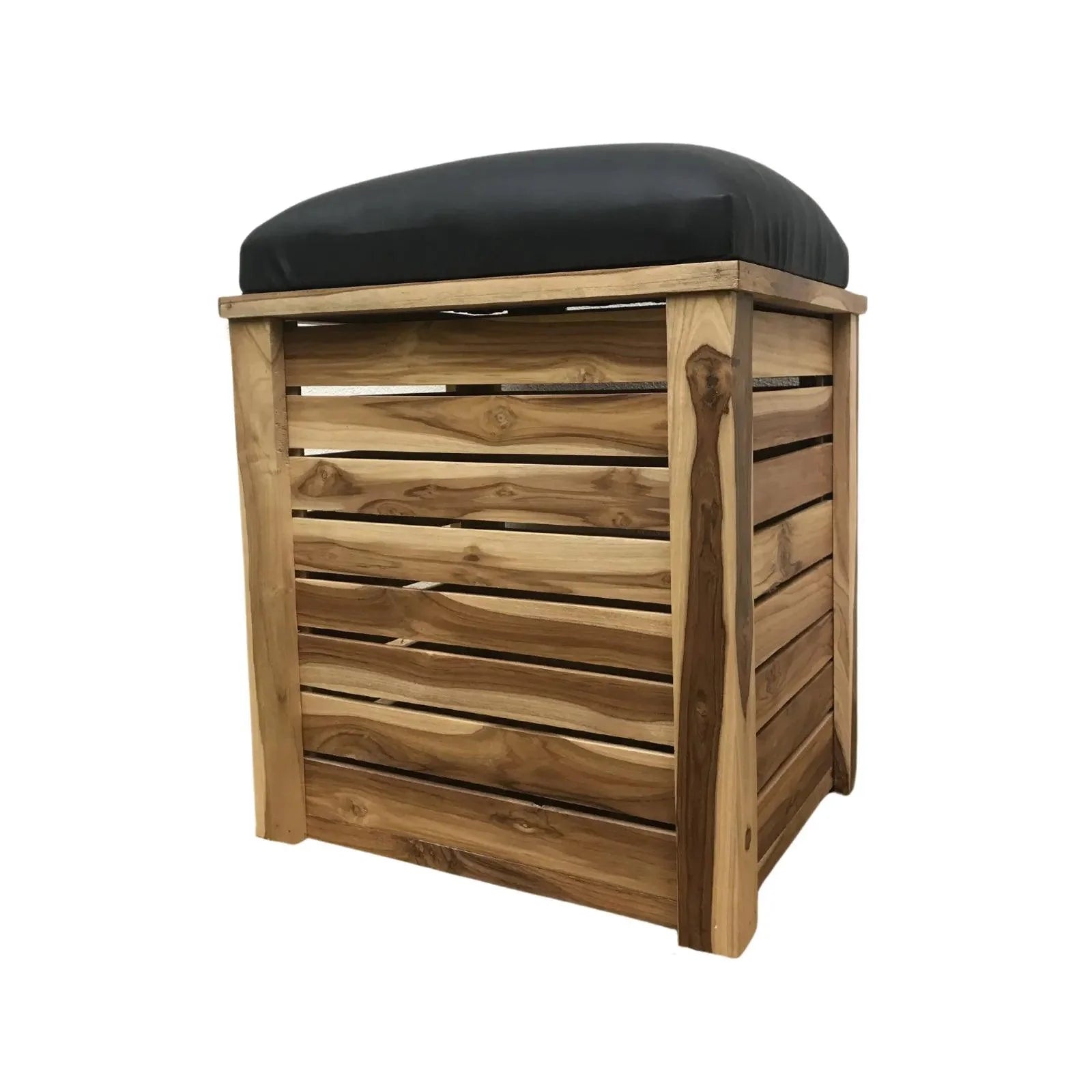 Wood Ceylon wooden storage bench with cushion featuring slatted sides and black padded top