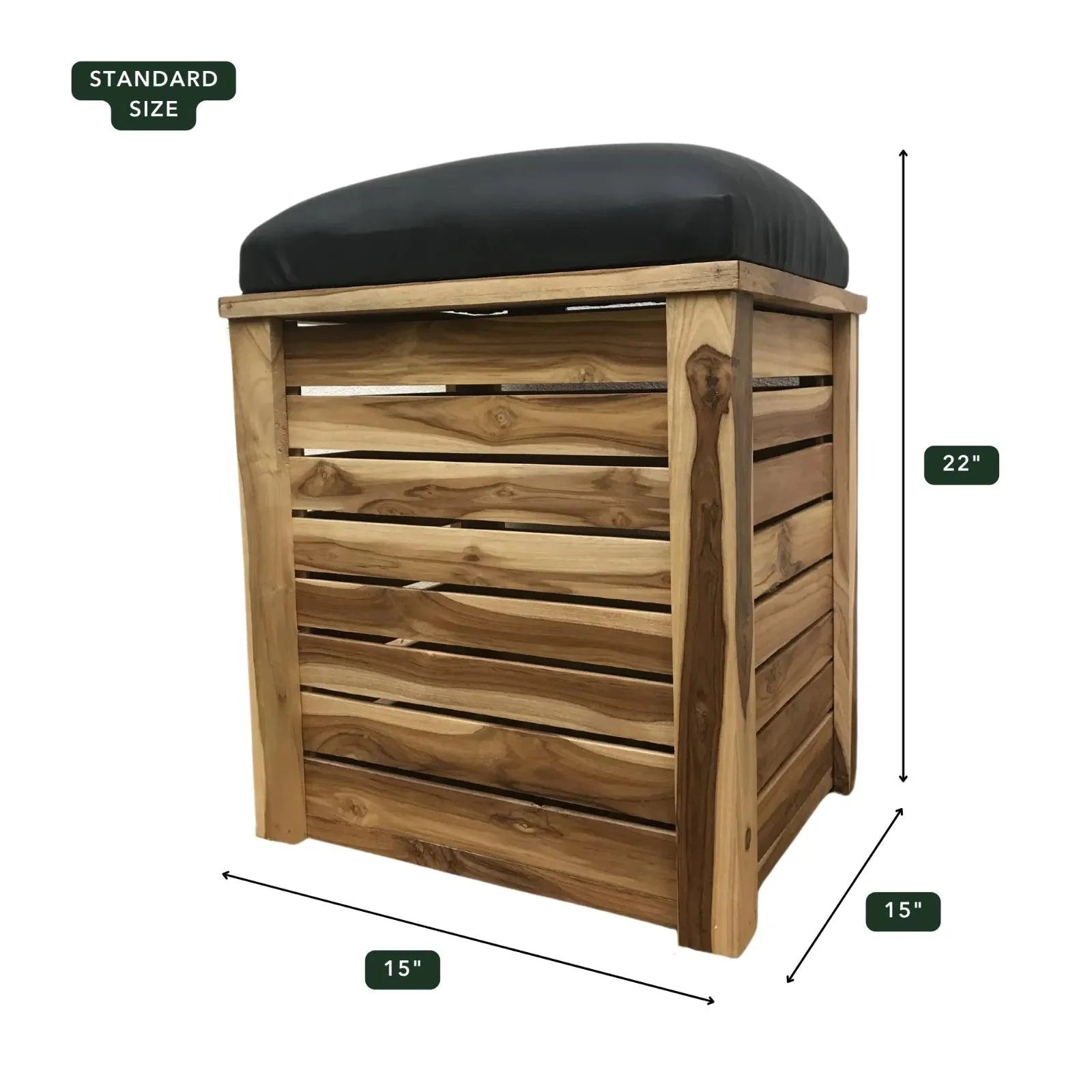 Wood Ceylon standard size storage bench with cushion featuring natural wood slats and black padded seat
