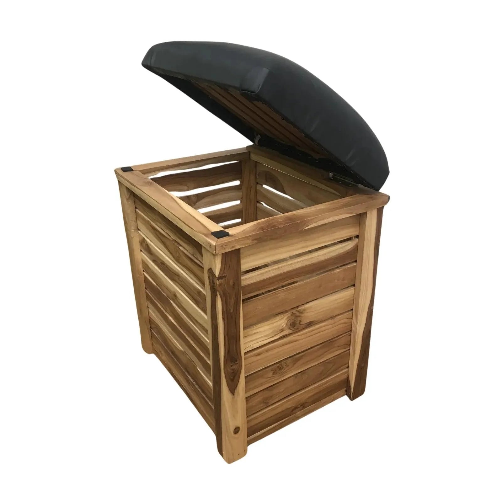 Wood Ceylon storage bench with cushion featuring wooden slats and black cushioned top for storage and seating