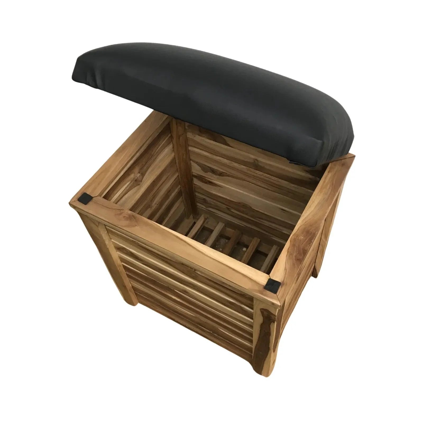 Wood Ceylon storage bench with cushion featuring natural wood slat design and black padded top