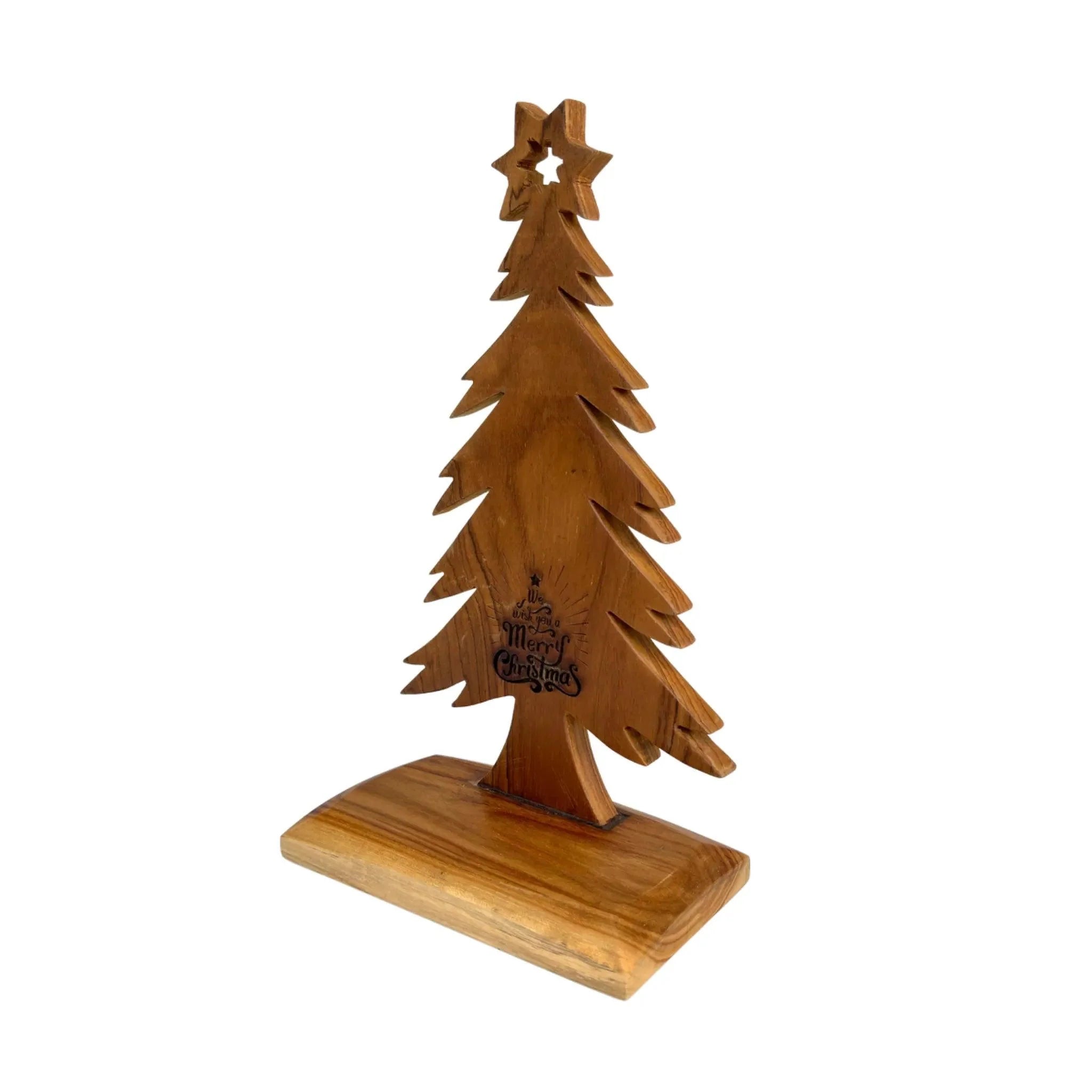 Wood Ceylon wooden tabletop Christmas tree with star top and Merry Christmas engraving on natural wood base