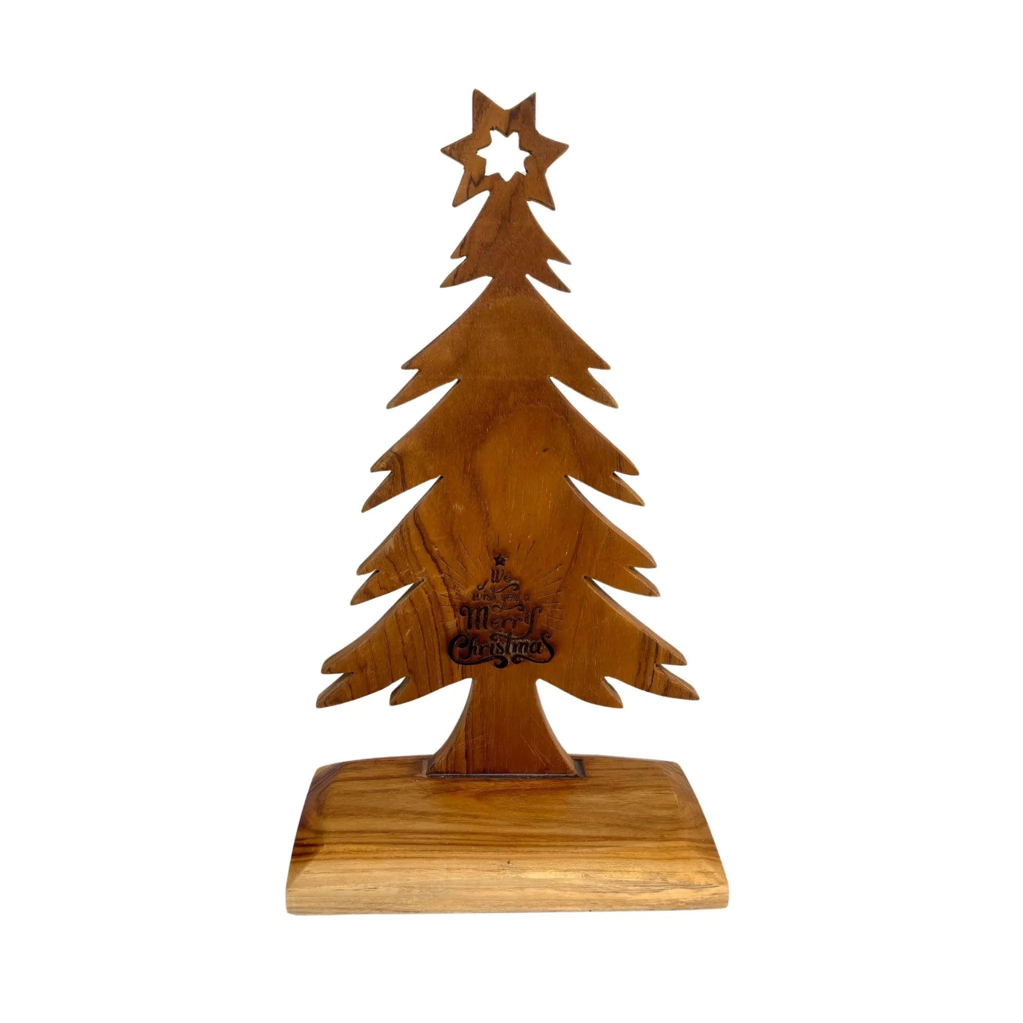 Wooden tabletop Christmas tree decoration by Wood Ceylon with star and Merry Christmas engraving