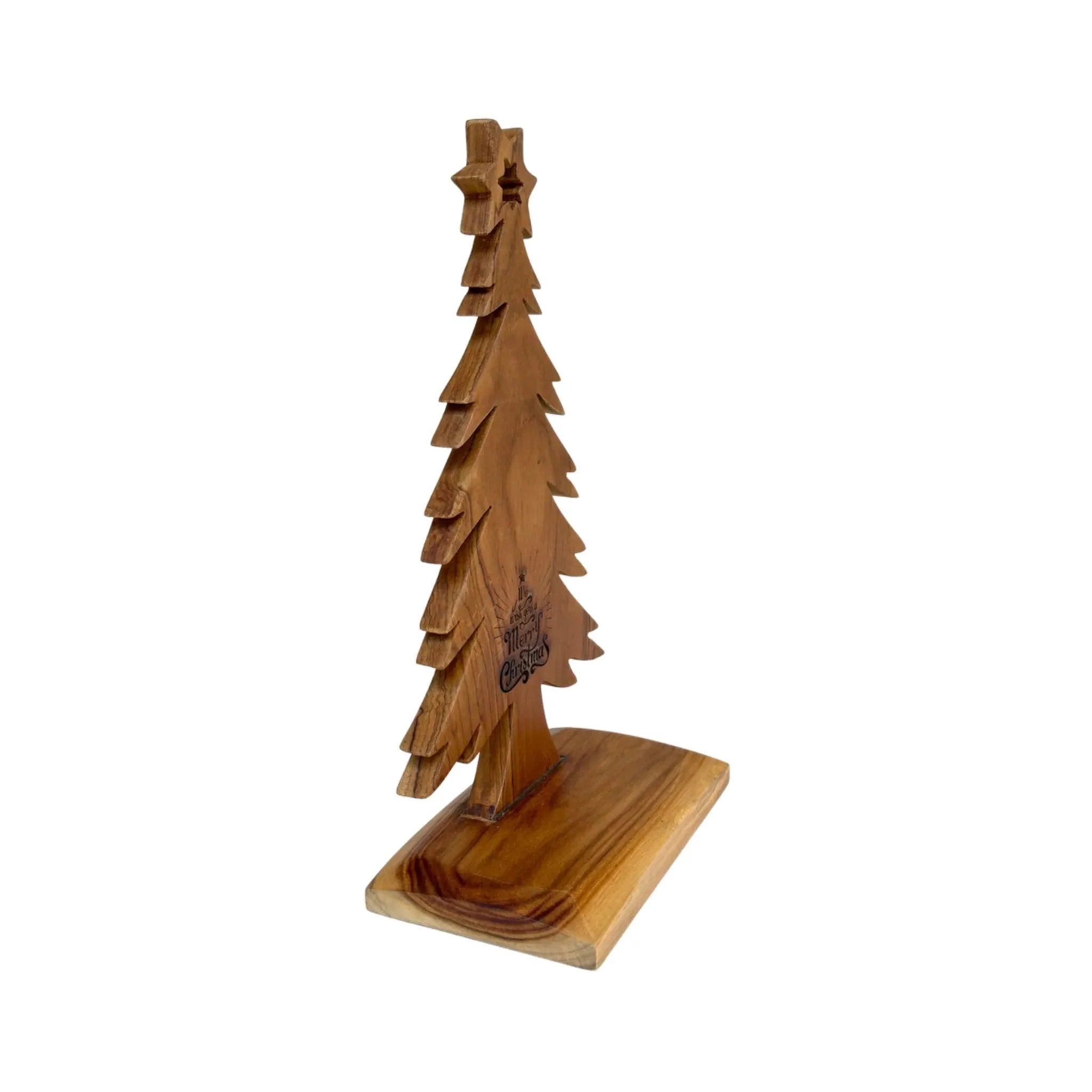 Wood Ceylon wooden tabletop Christmas tree with carved star and natural wood finish