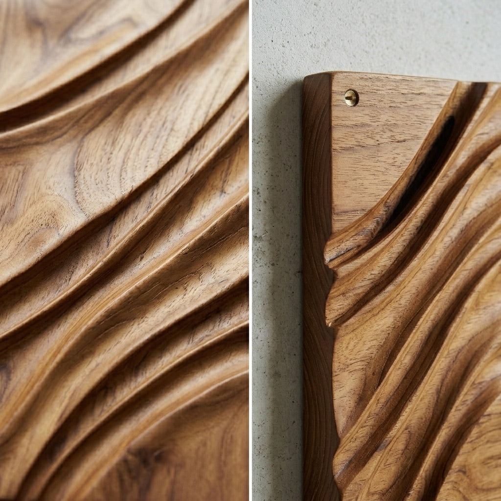 Teak wooden wall art with textured waves for modern decor