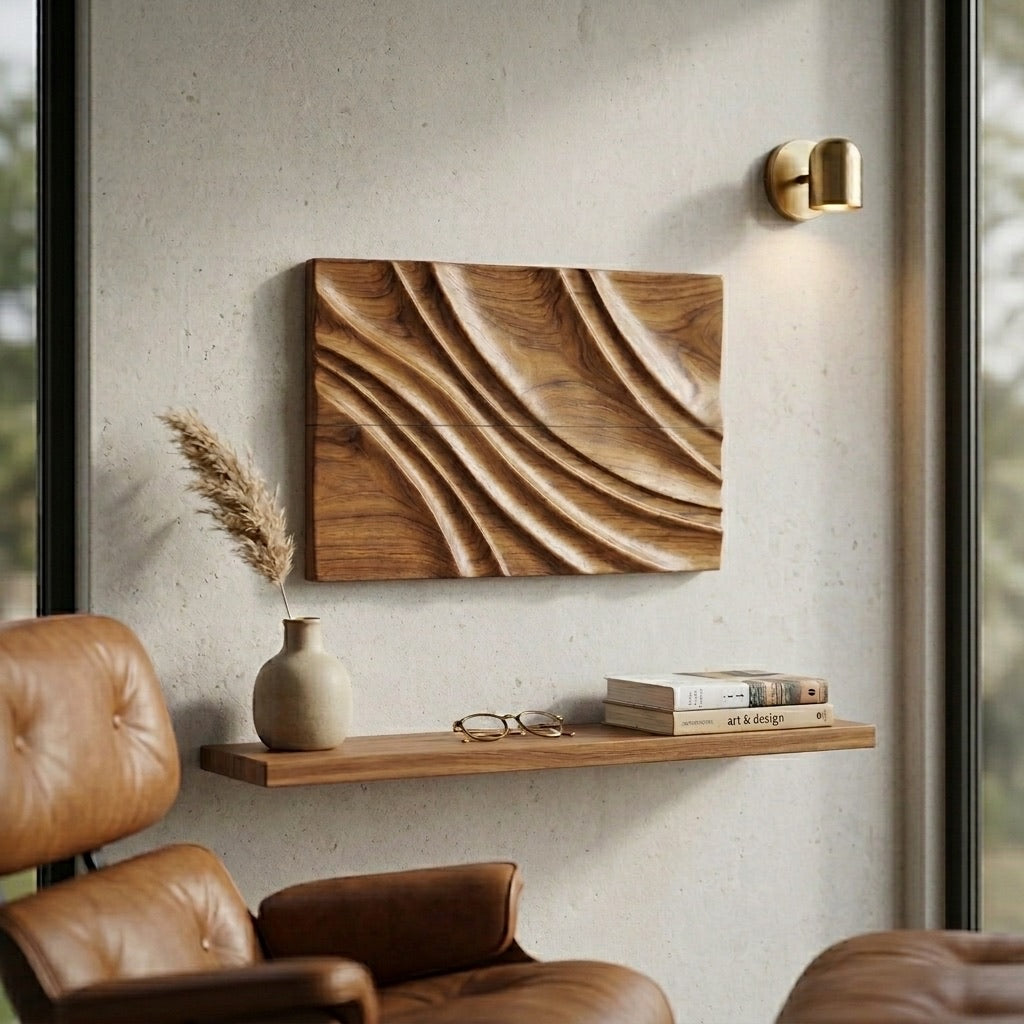 Teak wooden wall art with wave patterns for stylish home decor