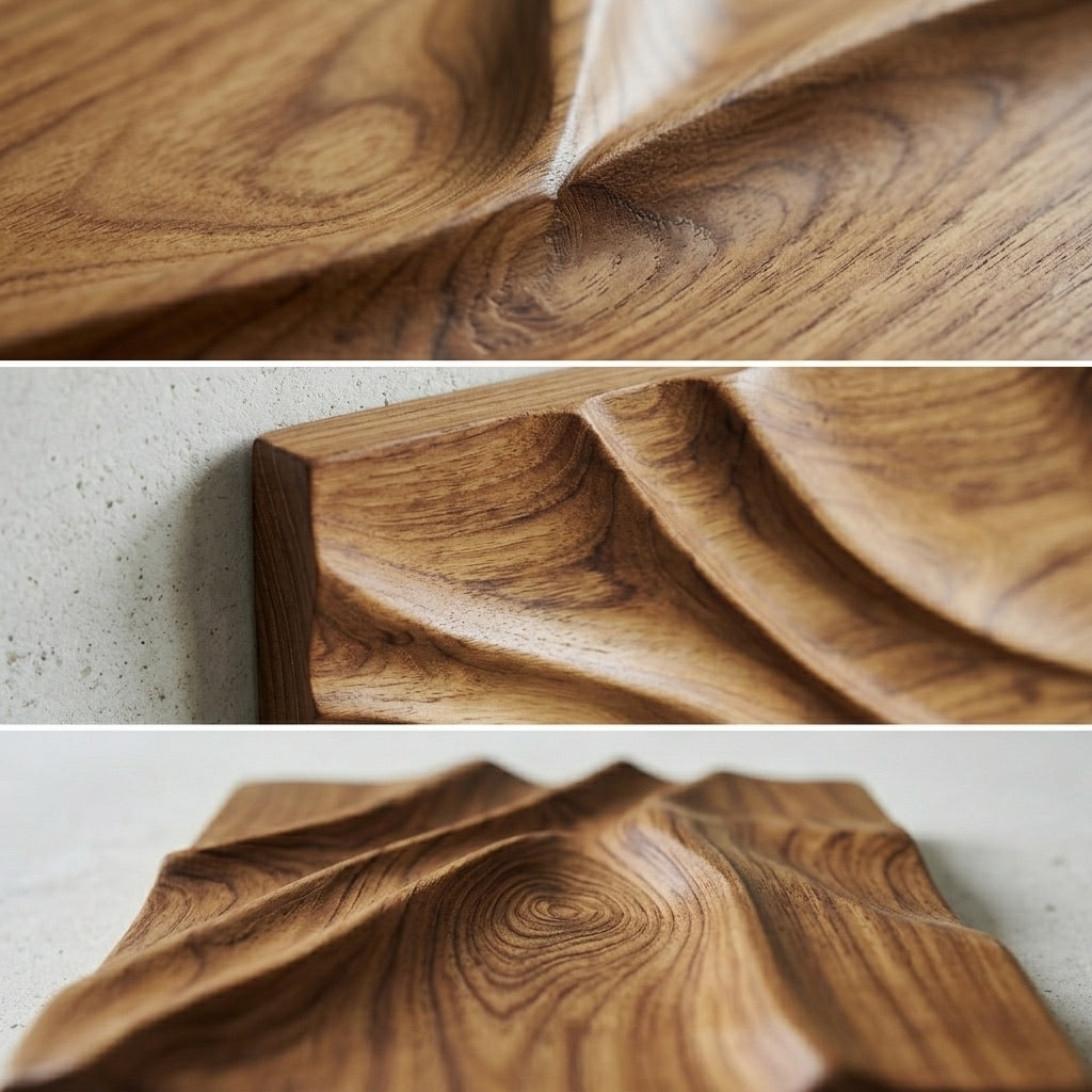 Teak wooden wall art with flowing textures for modern decor