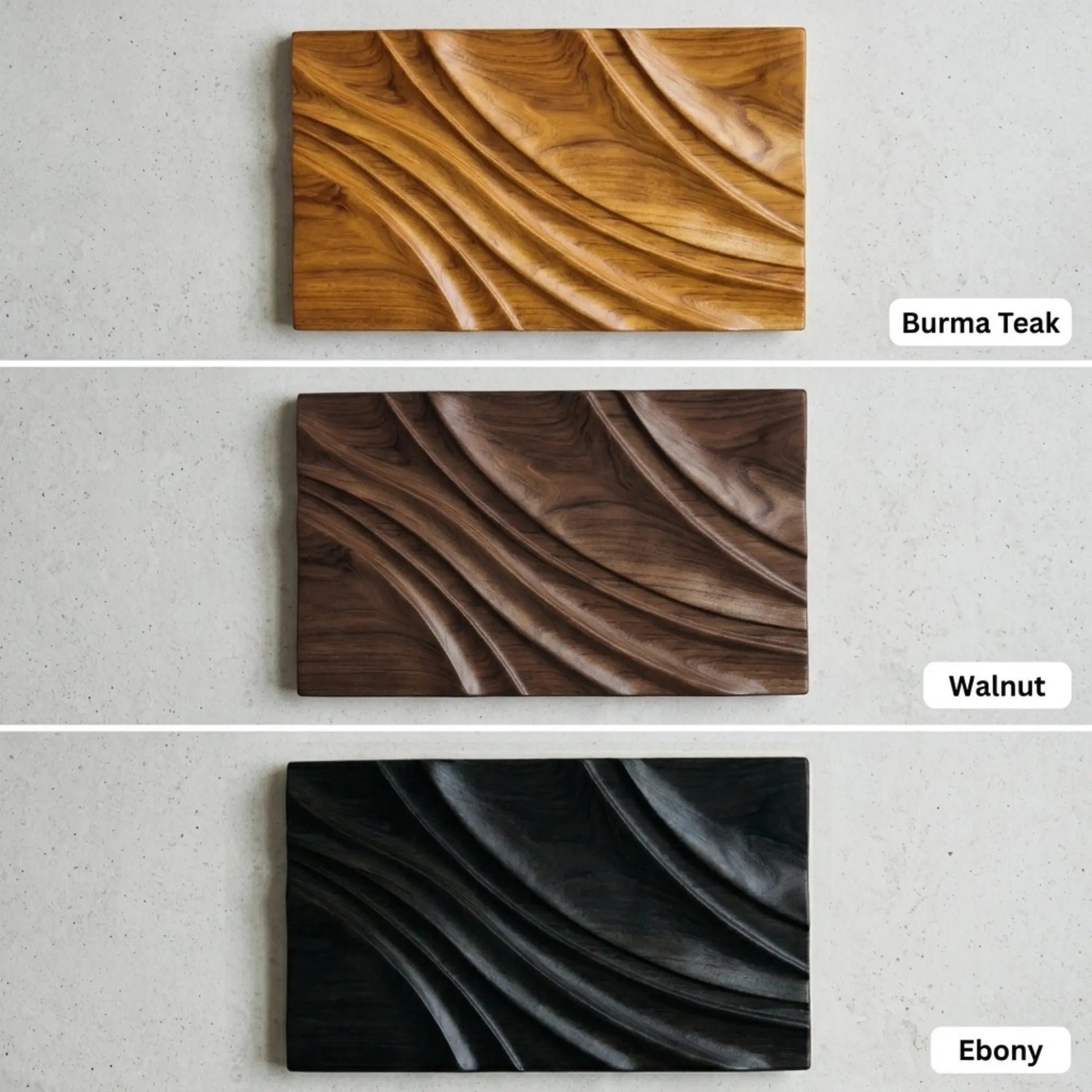 Three wooden wall art pieces in teak, walnut, and ebony finishes